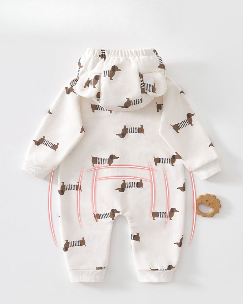 Cotton Printed Zipped Baby Ear Hooded Jumpsuits