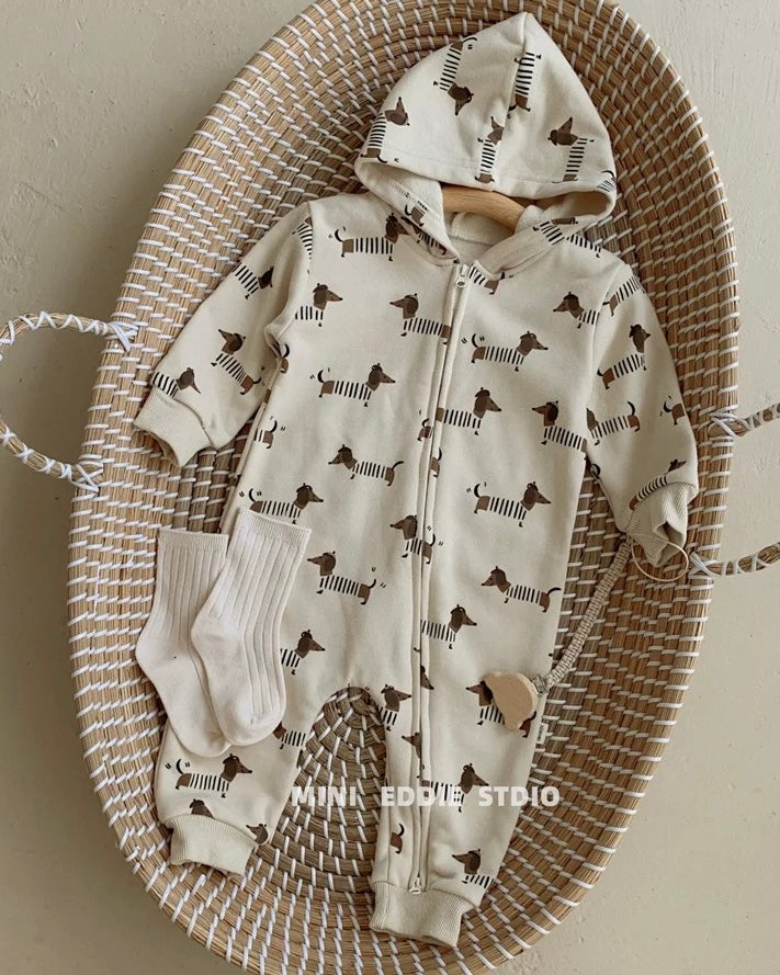 Dachshund Printed Zipped Long Sleeve Baby Jumpsuits
