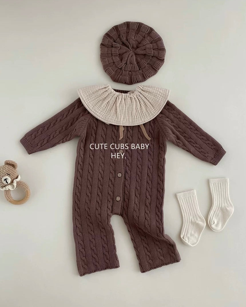 Casual Solid Color Cable-Knit Baby Jumpsuits Hat