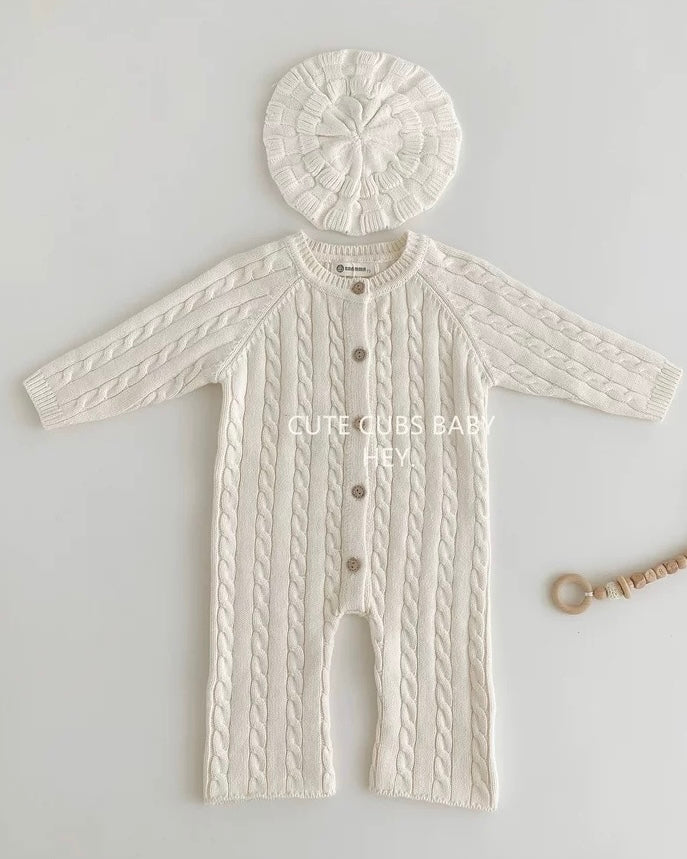 Casual Solid Color Cable-Knit Baby Jumpsuits Hat