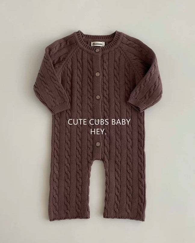 Casual Solid Color Cable-Knit Baby Jumpsuits Hat