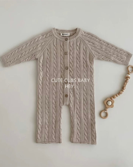 Casual Solid Color Cable-Knit Baby Jumpsuits Hat
