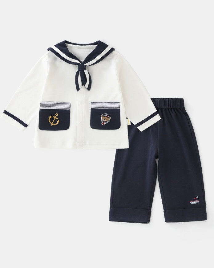 Navy Collar Pocket Design Baby Jumpsuits/Short Sleeve Set