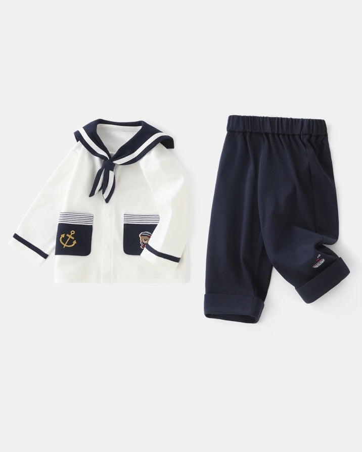 Navy Collar Pocket Design Baby Jumpsuits/Short Sleeve Set