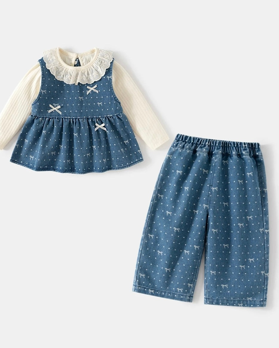 Sweet Denim Bow Dot Pattern 2pcs Set Bottoming Shirt