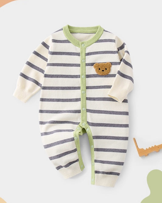 Bear Head Striped Long Sleeve Baby Jumpsuits Cardigan