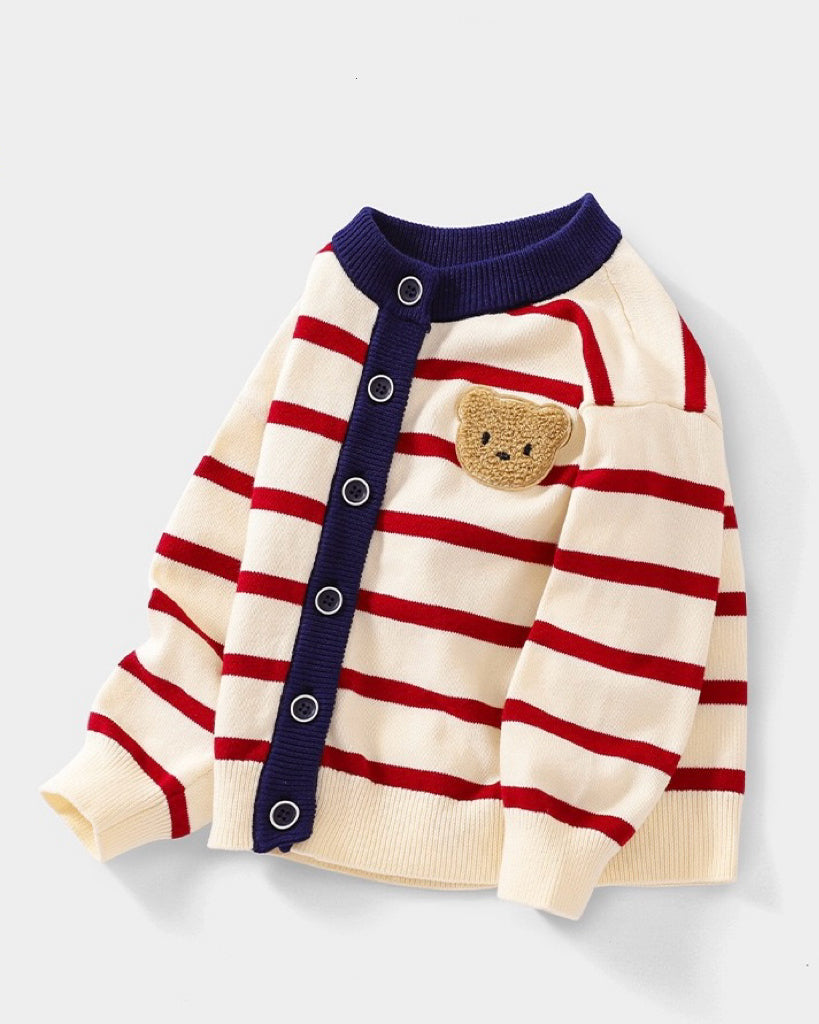 Bear Head Striped Long Sleeve Baby Jumpsuits Cardigan