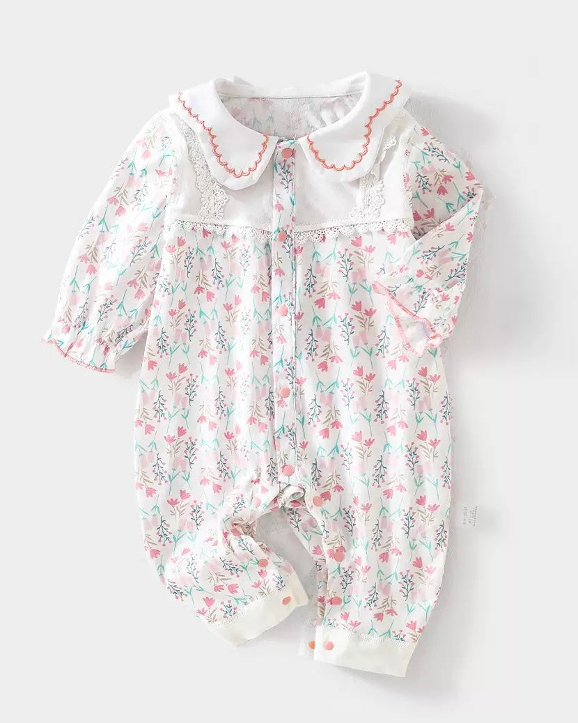 Cotton Sweet Floral Collar Long Sleeve Baby Jumpsuits