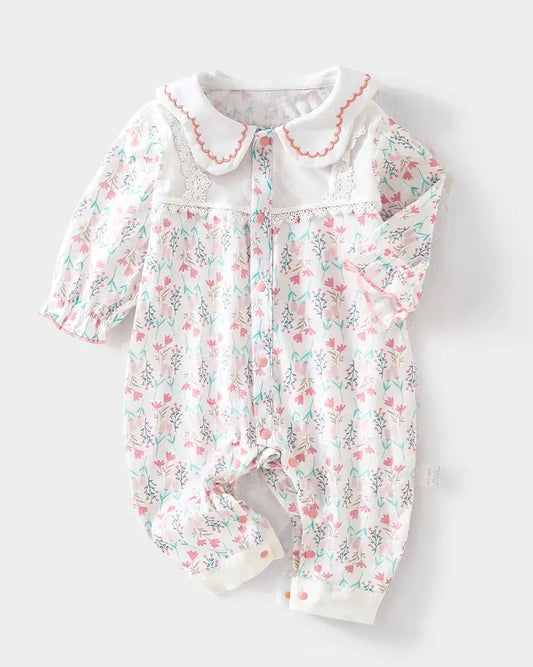 コットンのスイートフローラルカラー長袖ベビージャンプスーツ