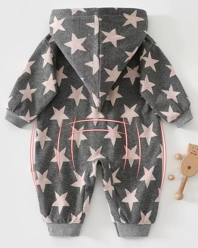 Star Printed Zipped Warm Baby Hooded Jumpsuits