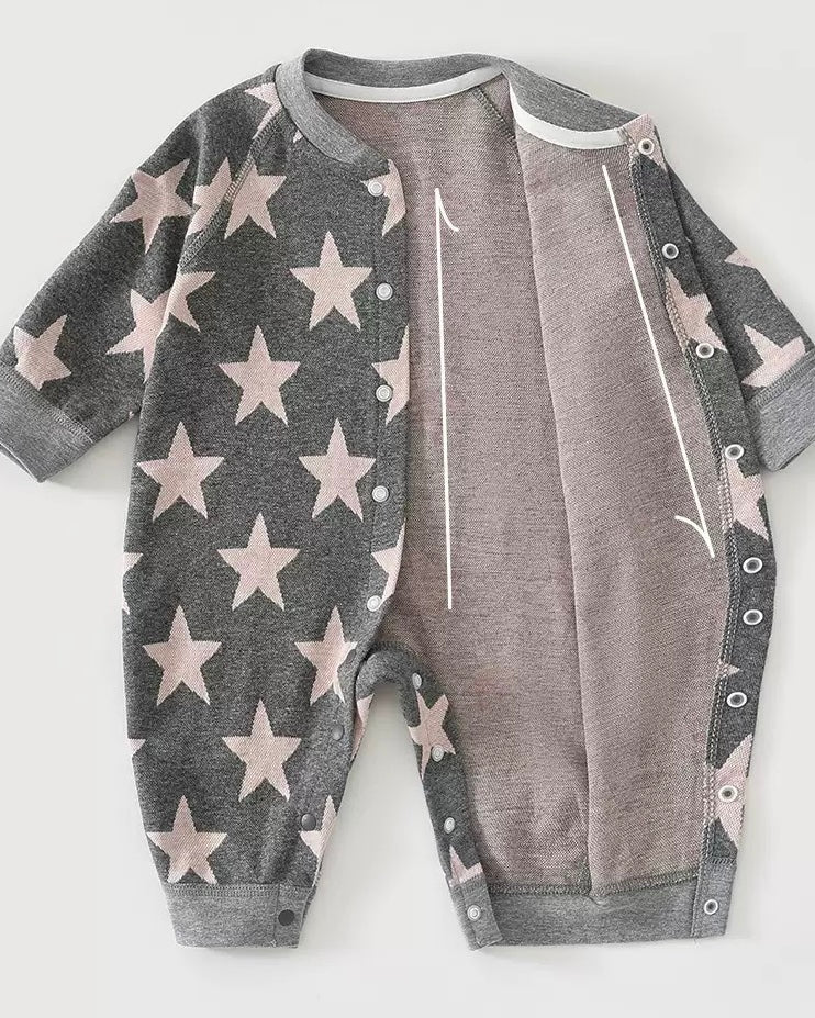 Star Printed Zipped Warm Baby Hooded Jumpsuits