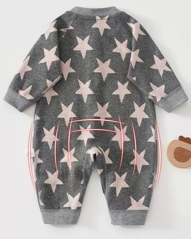 Star Printed Zipped Warm Baby Hooded Jumpsuits