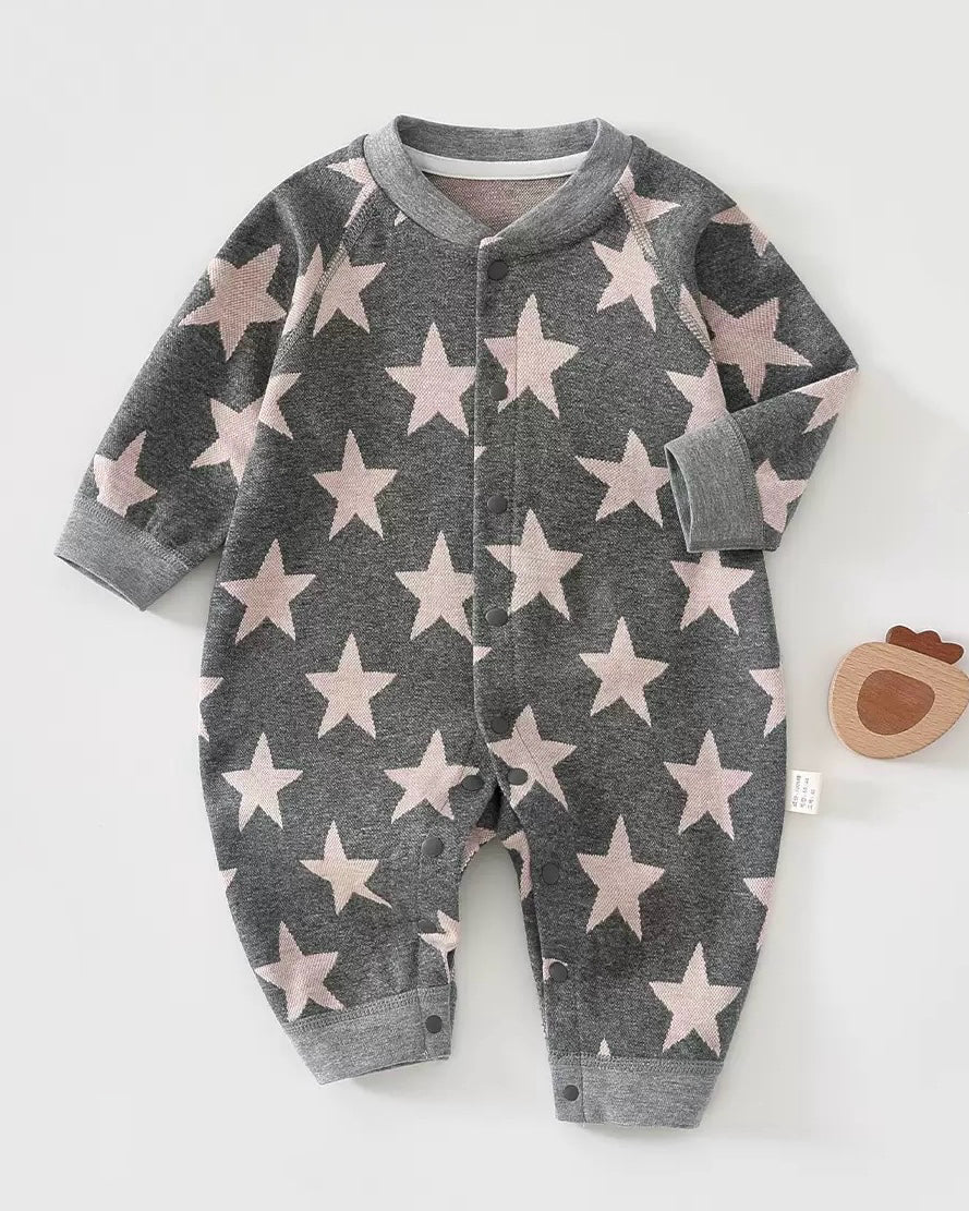 Star Printed Zipped Warm Baby Hooded Jumpsuits