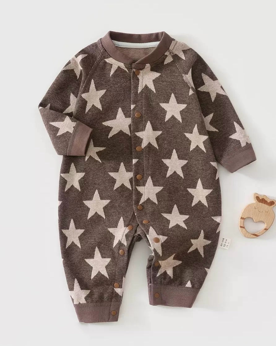 Star Printed Zipped Warm Baby Hooded Jumpsuits