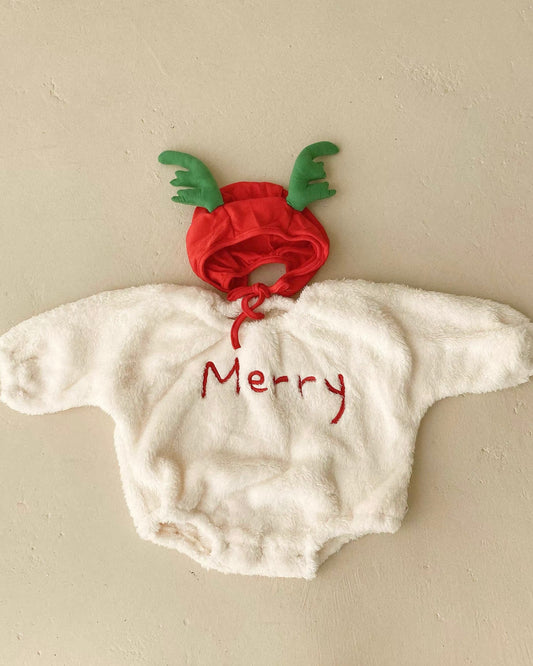 Merry Christmas Fleece Baby Romper with Hat