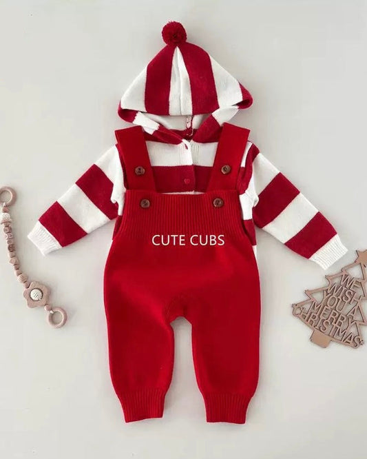 Casual Striped Knitted Baby Cardigan Jumpsuits Set