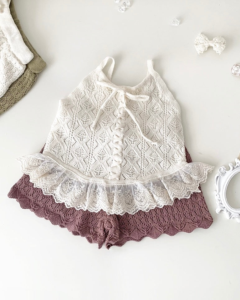 Lace-up Knitted Baby Girl Tank Top/Short Pants