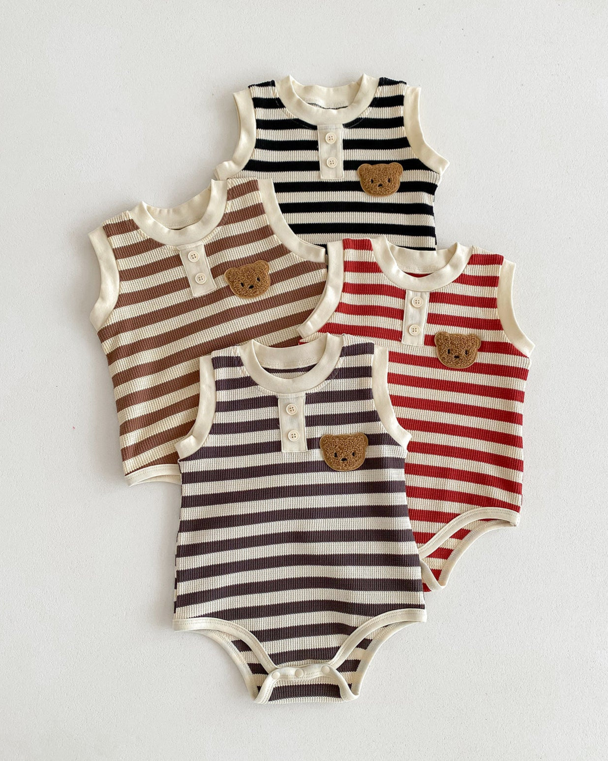 Striped Bear Head Sleeveless Baby Romper