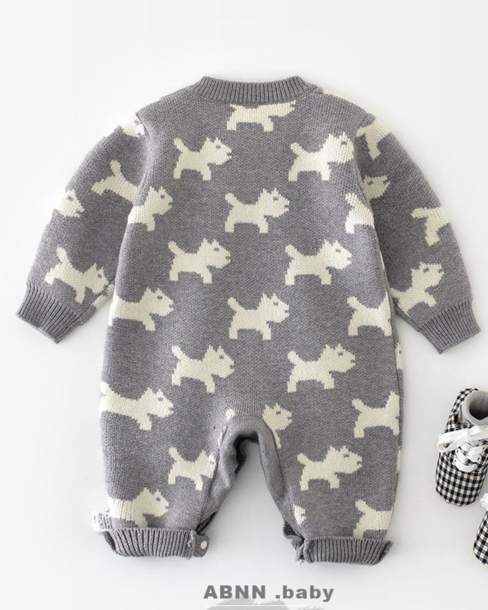 Puppy Pattern Knitted Buttoned Long Sleeve Baby Jumpsuits