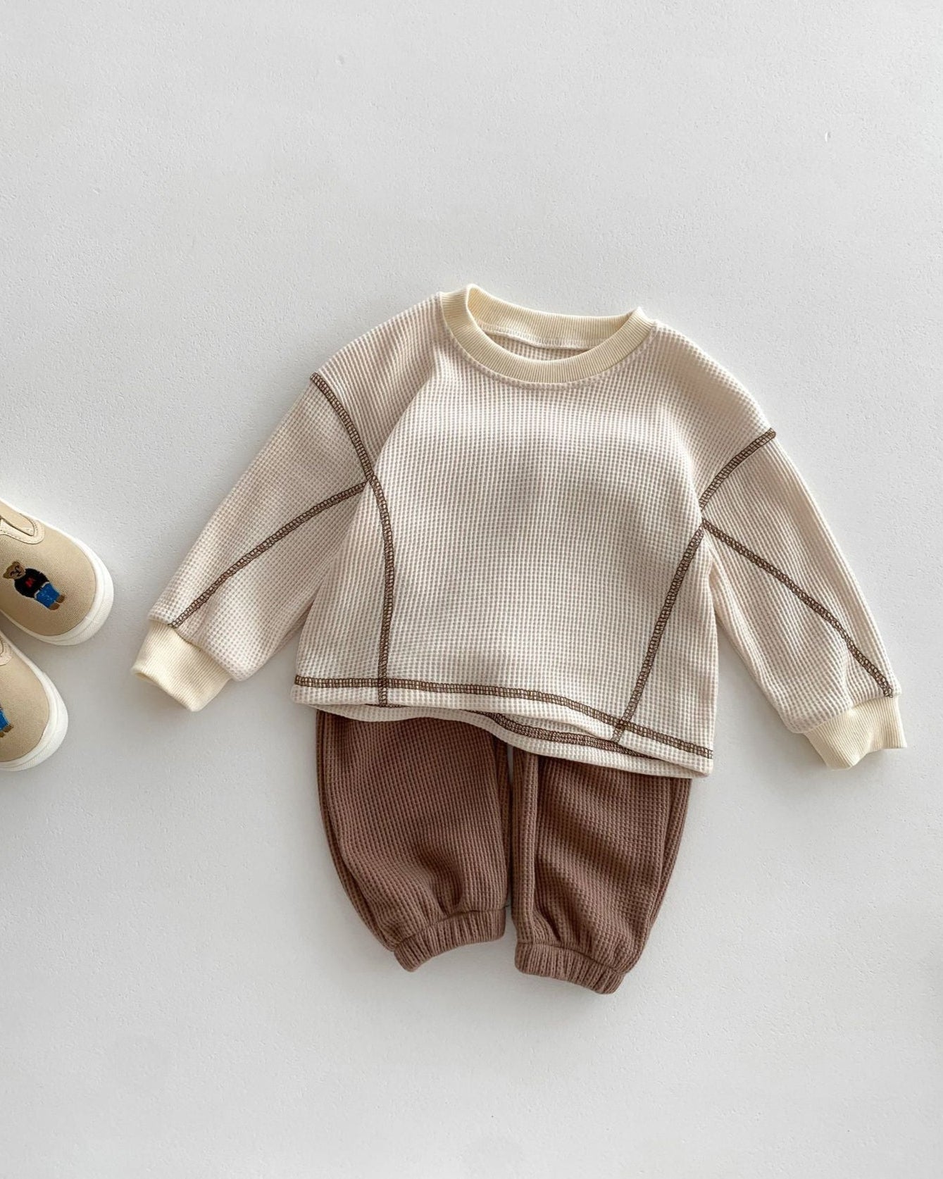 Casual Waffled Baby Sweatshirt Pants 2pcs Set