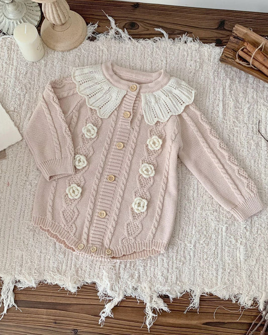 Lace Collar Flower Knitted Long Sleeve Baby Girl Romper