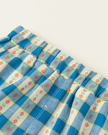 2pcs Plaid Floral Heart Buttoned Girl Top&Pant Set