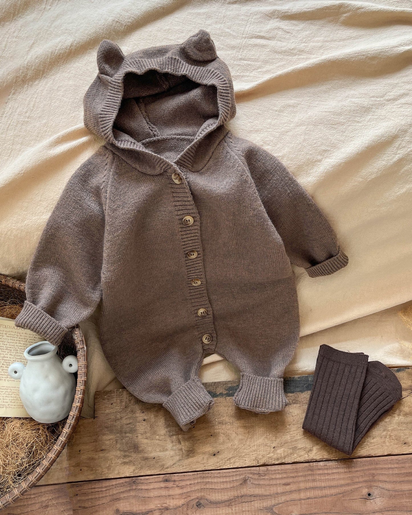 Solid Color Knitted Ear Baby Hooded Jumpsuits