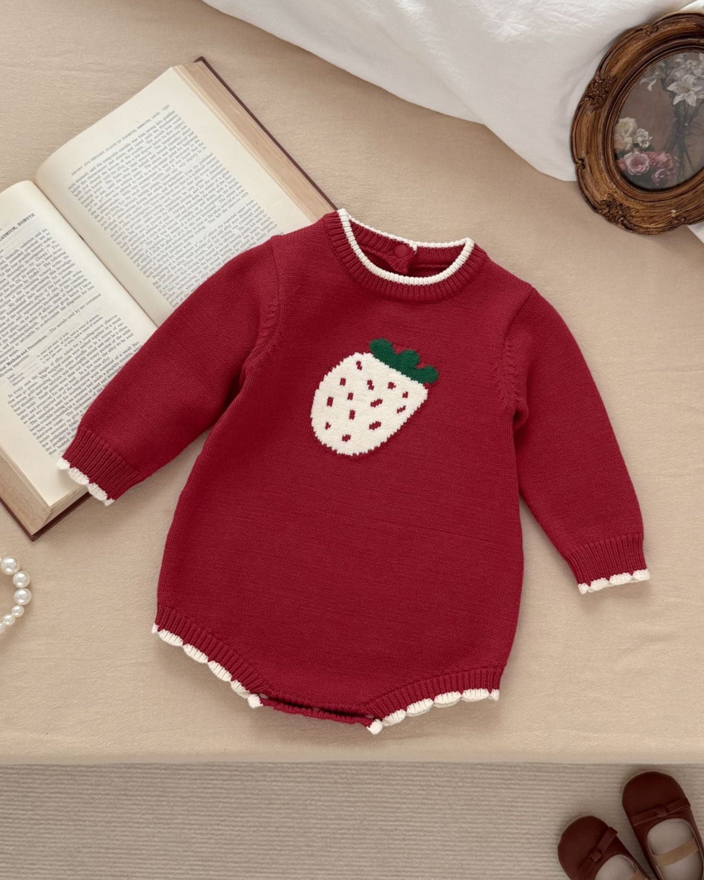 Strawberry Pattern Knitted Long Sleeve Baby Romper