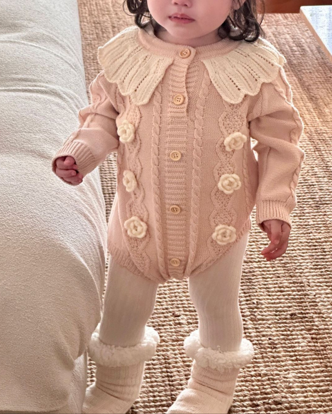 Lace Collar Flower Knitted Long Sleeve Baby Girl Romper