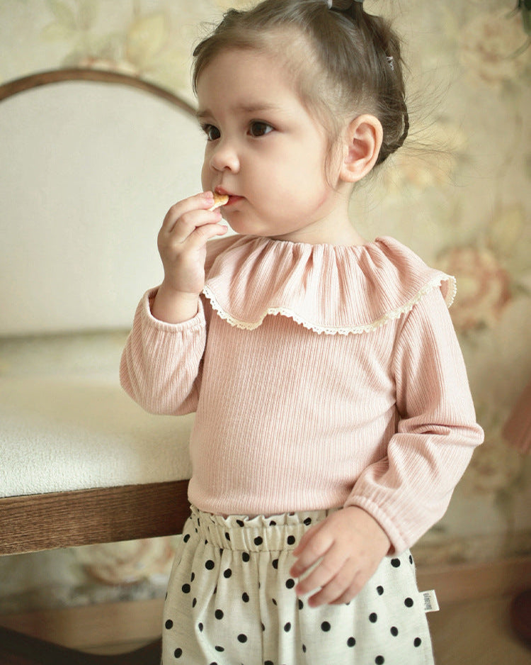 Ruffled Collar Long Sleeve Baby Girl Sweatshirt Polka Dot Pants