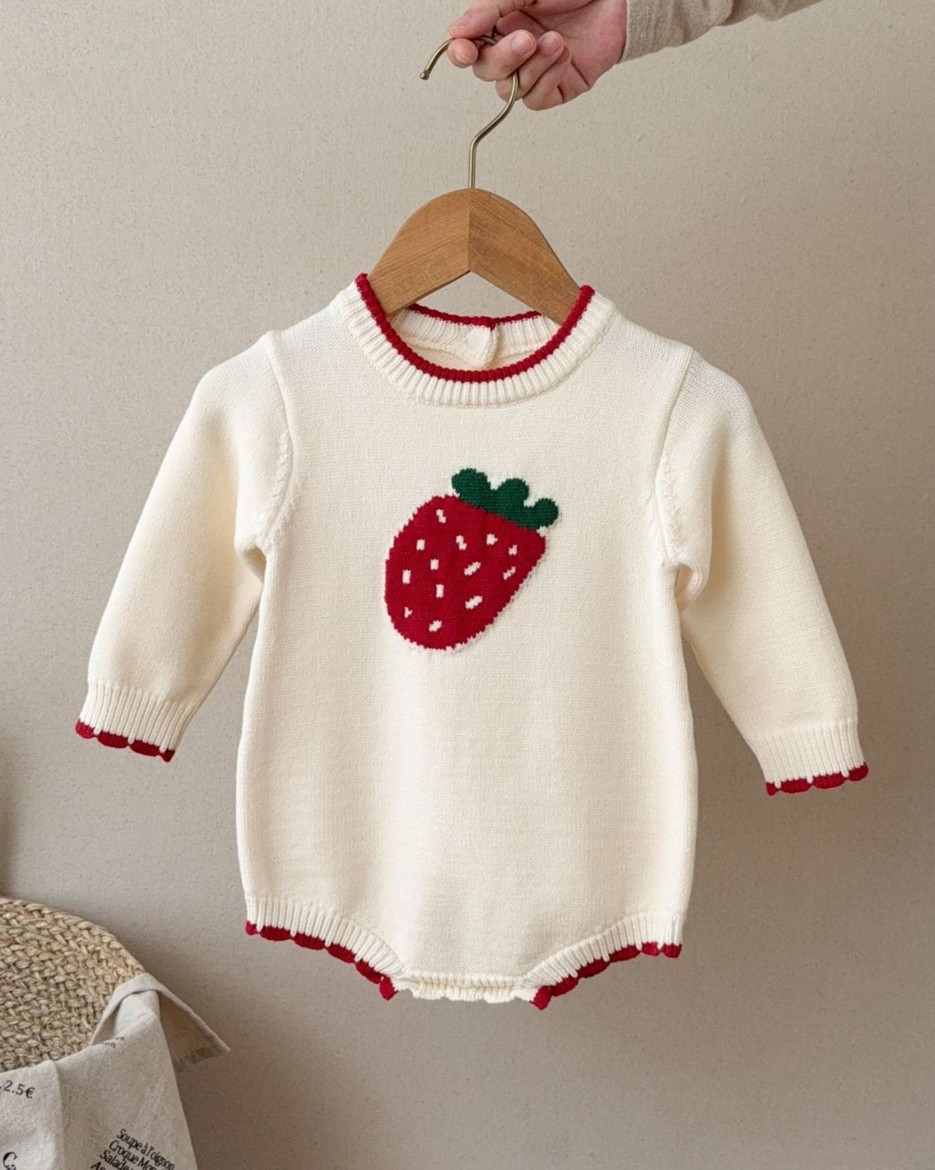 Strawberry Pattern Knitted Long Sleeve Baby Romper