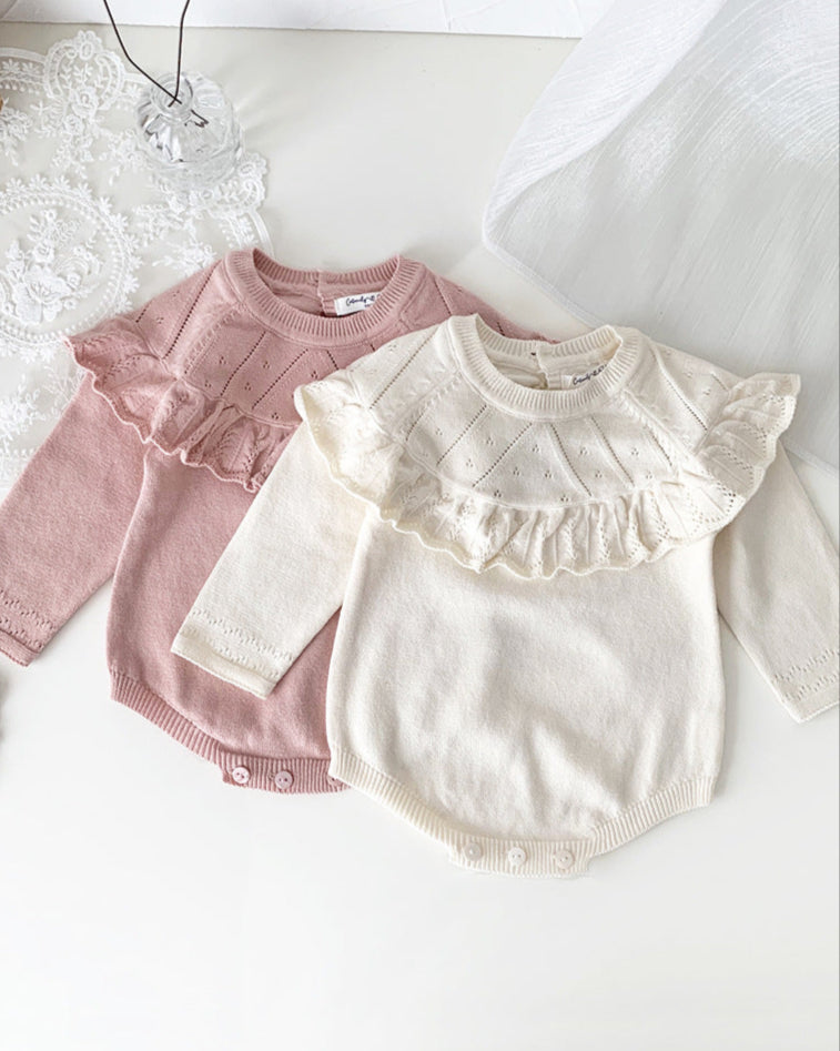 Sweet Ruffled Collar Long Sleeve Knitted Baby Romper