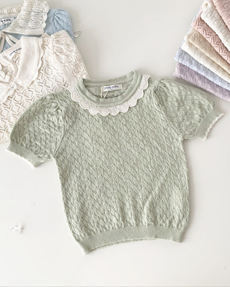 Sweet Breathable Knitted Short Sleeve Girl T-shirt