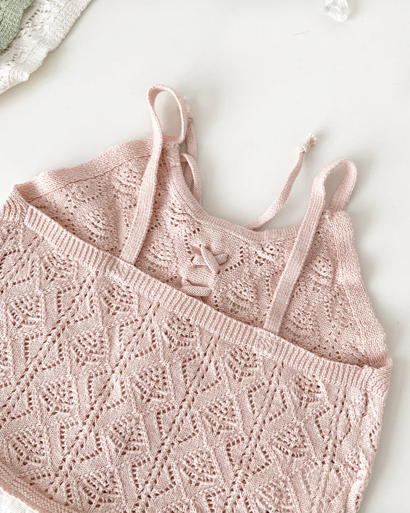 Lace-up Knitted Baby Girl Tank Top/Short Pants