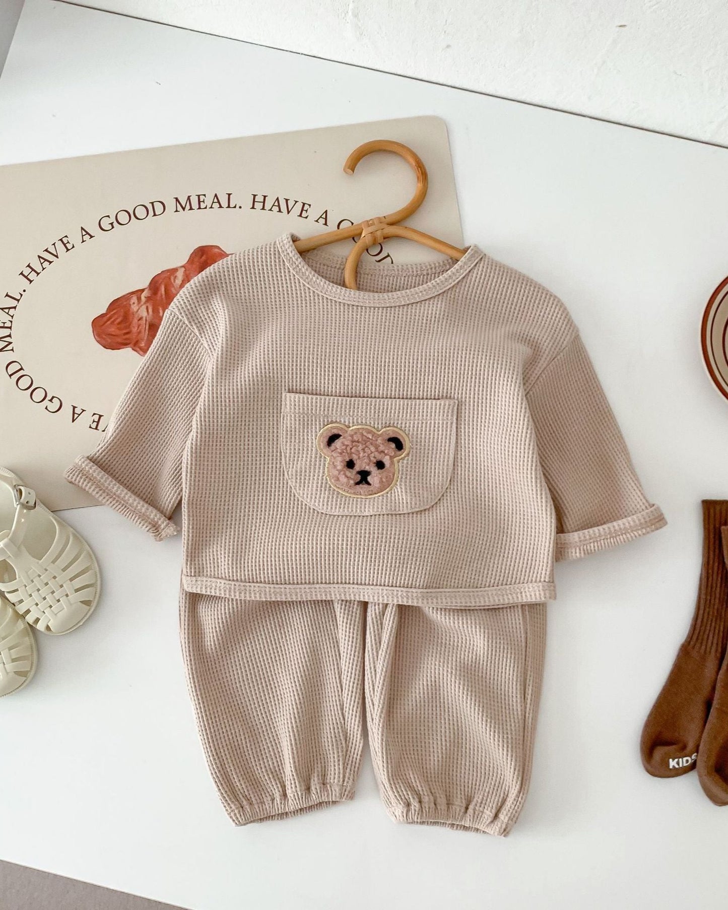 Waffled Bear Pocket Baby Pullover&Pants Set