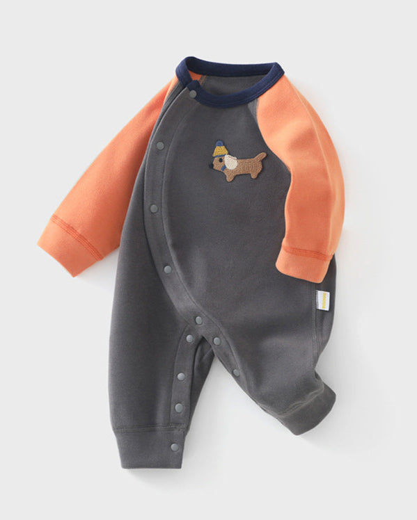 Casual Puppy Color Block Long Sleeve Baby Jumpsuits