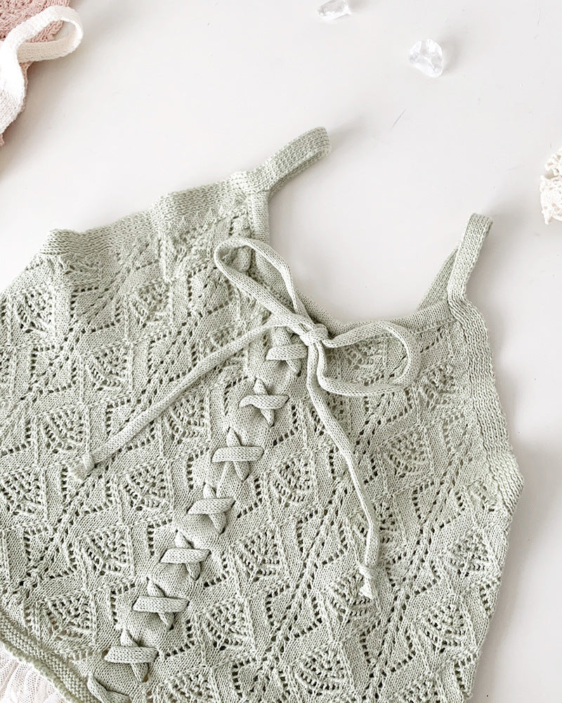 Lace-up Knitted Baby Girl Tank Top/Short Pants