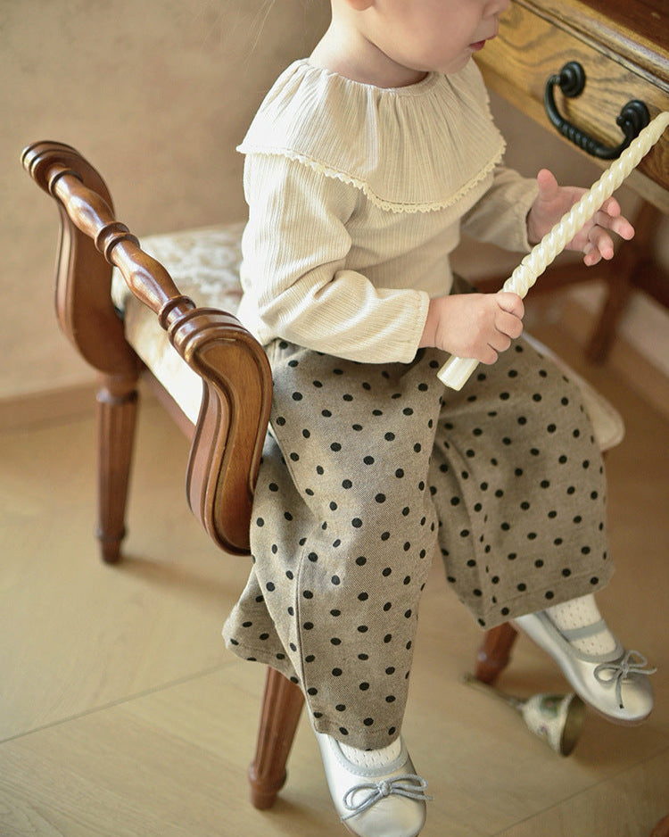 Ruffled Collar Long Sleeve Baby Girl Sweatshirt Polka Dot Pants