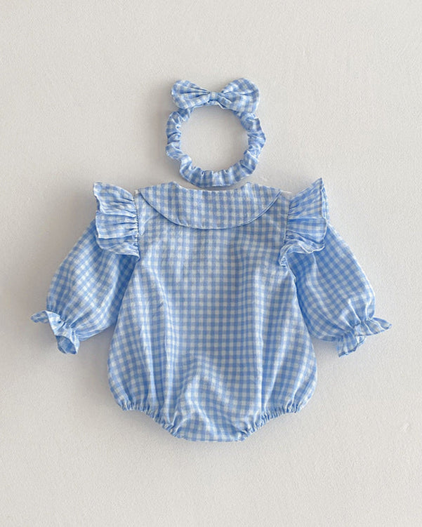 Ruffled Sleeve Plaid Girl Dress/Baby Romper