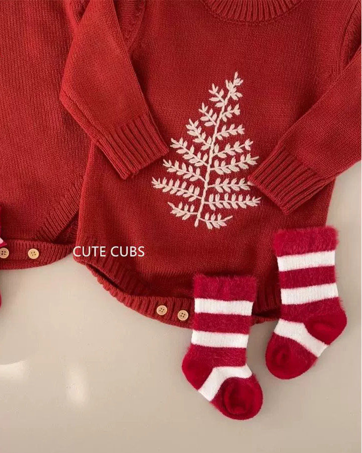 Knitted Tree Pattern Red Baby Romper