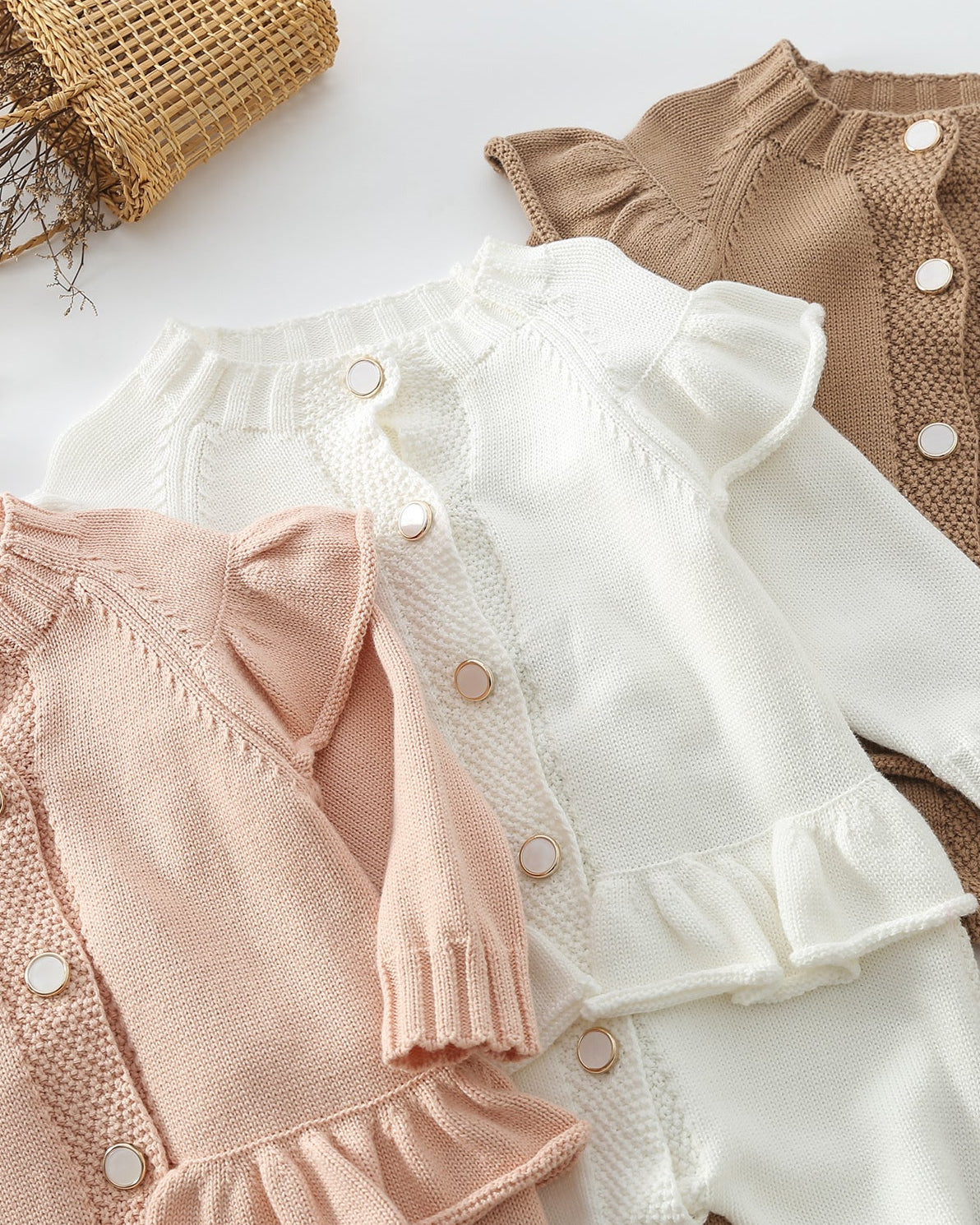 Ruffled Buttoned Knitted Long Sleeve Baby Jumpsuits