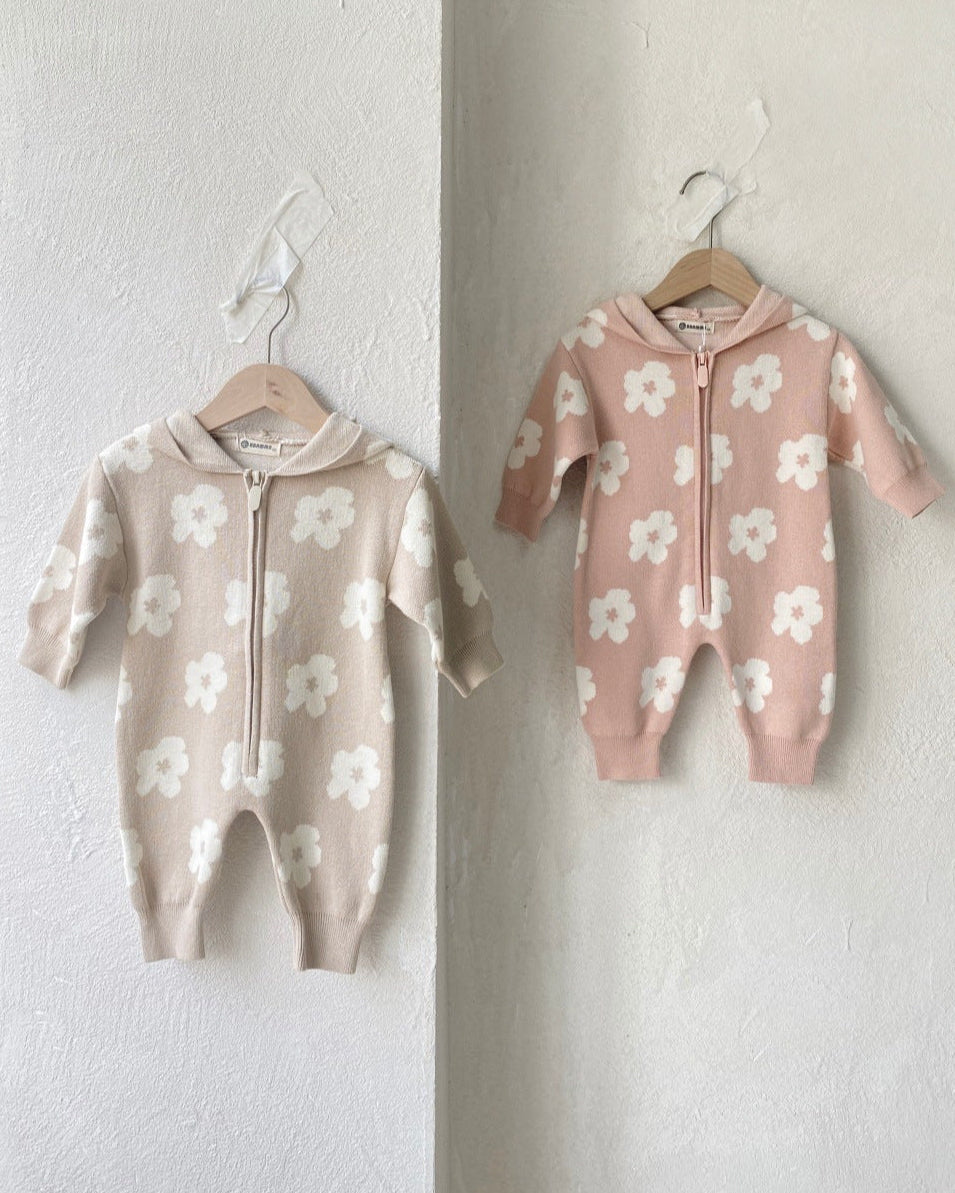 Flower Zipped Knitted Hooded Baby Jumpsuits