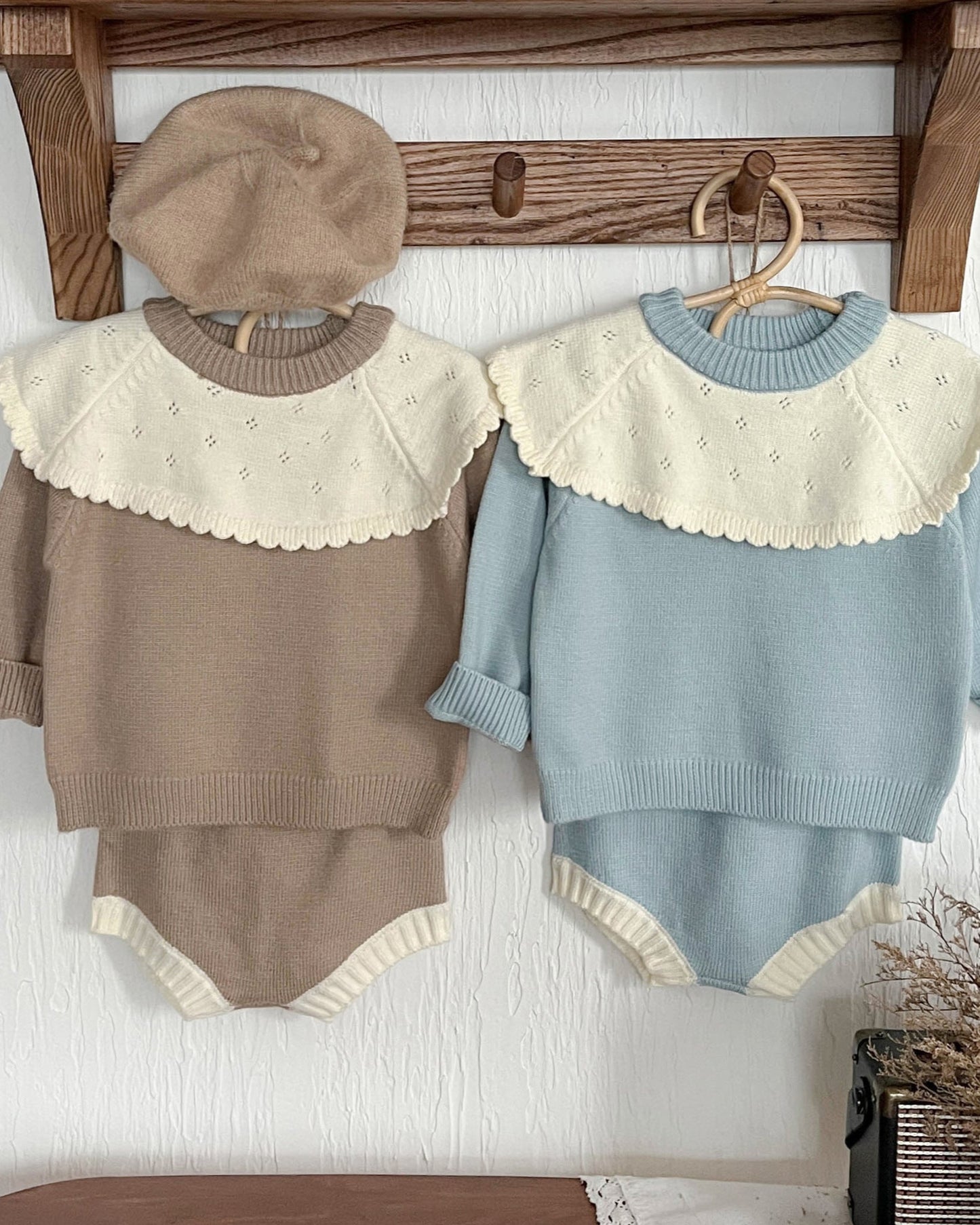 Lace Collar Knitted Baby Girl Sweater Short Pants 2pcs Set