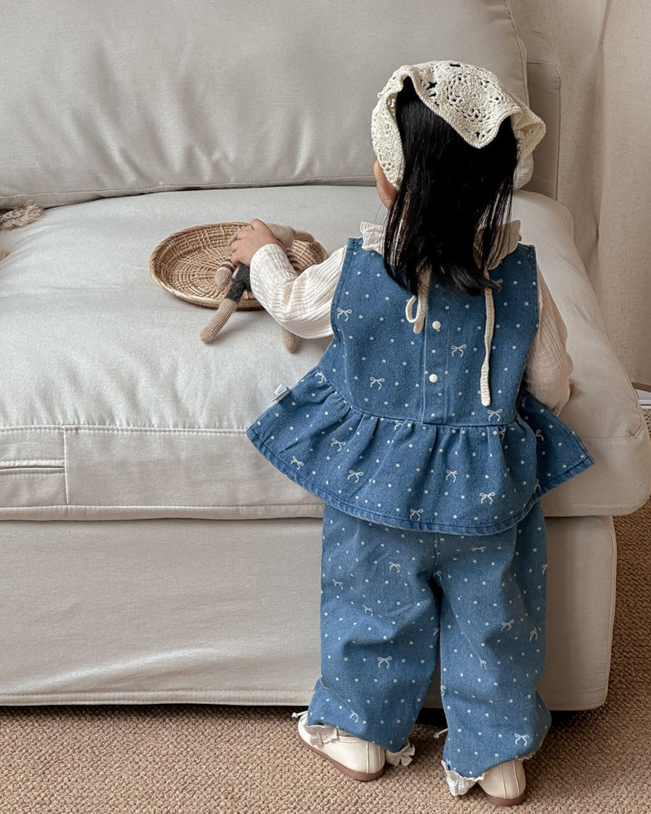 Sweet Denim Bow Dot Pattern 2pcs Set Bottoming Shirt