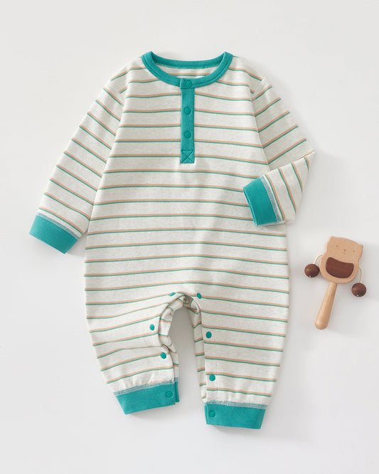 ストライプ柄コットンボタン付き長袖ベビージャンプスーツ