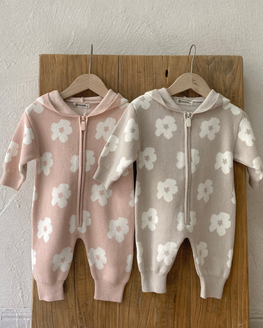 Flower Zipped Knitted Hooded Baby Jumpsuits