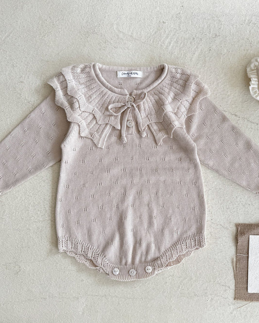 Lace-up Knitted Ruffled Collar Long Sleeve Baby Romper