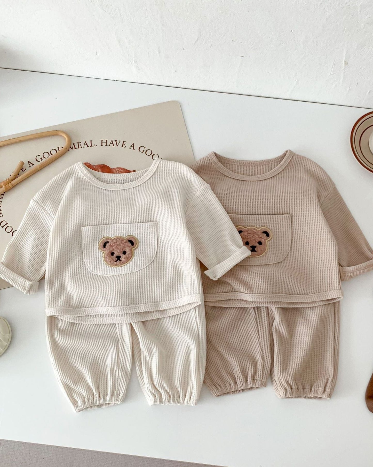 Waffled Bear Pocket Baby Pullover&Pants Set