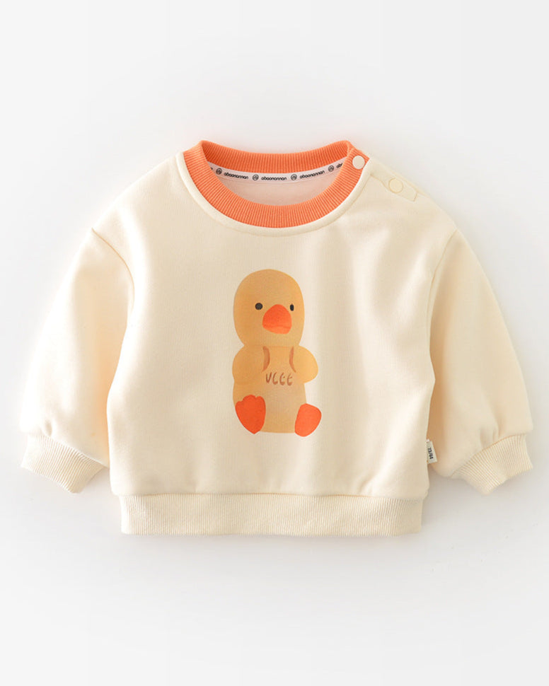 Cartoon Duck Pattern Fleece Baby Hoodie Jumpsuits