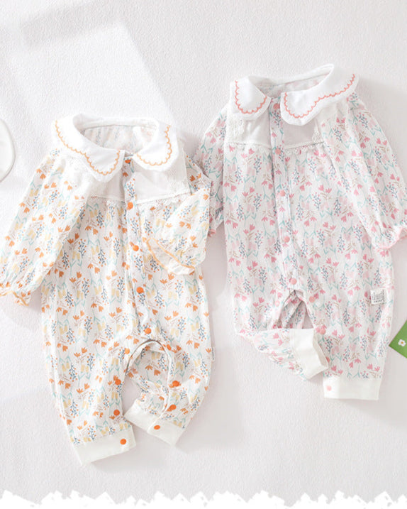 Cotton Sweet Floral Collar Long Sleeve Baby Jumpsuits